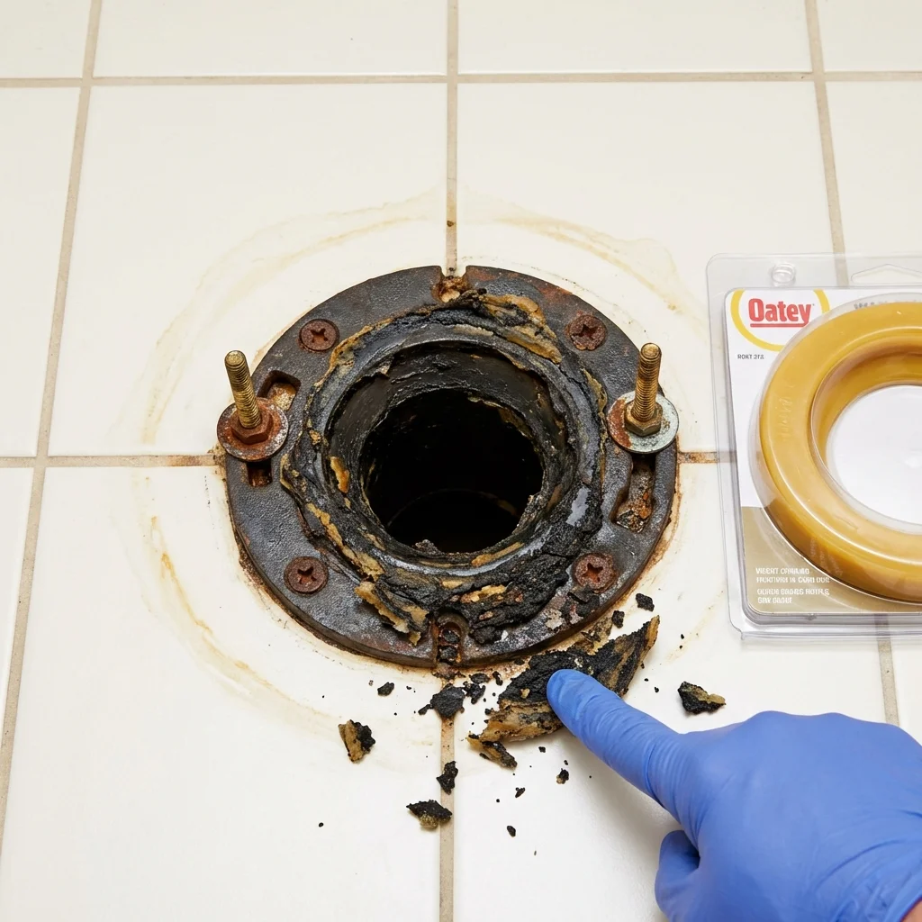 Failed wax ring showing water seepage at the base of a toilet in a Rural Retreat, VA home