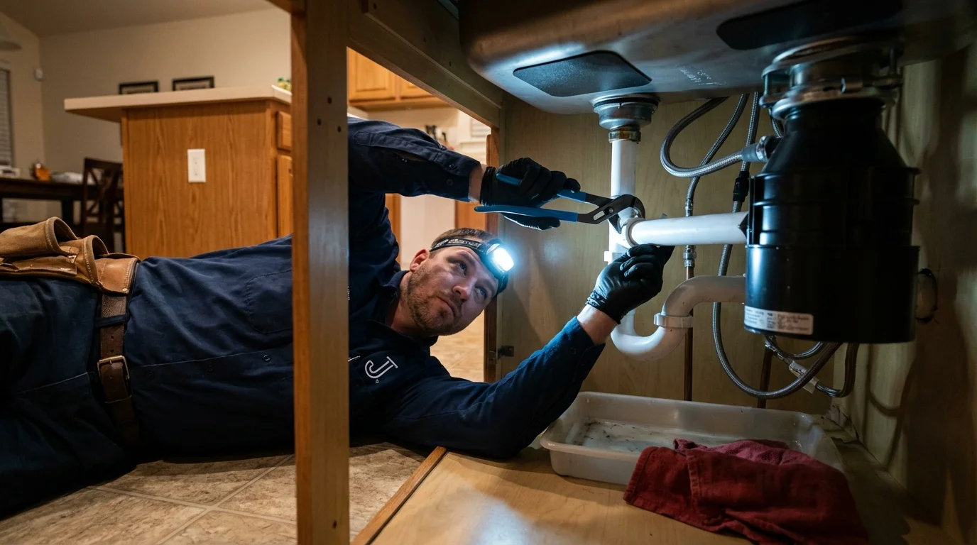 P-trap and supply line connections under a kitchen sink showing a common leak point in Rural Retreat, VA